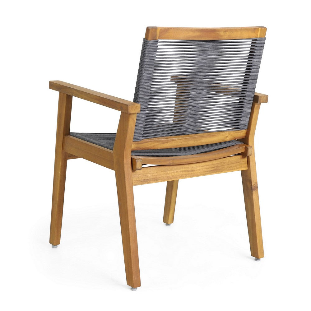 Outdoor Dining Chair Set of 2, 35 Inch Gray Woven, Brown Acacia Wood - BM323828