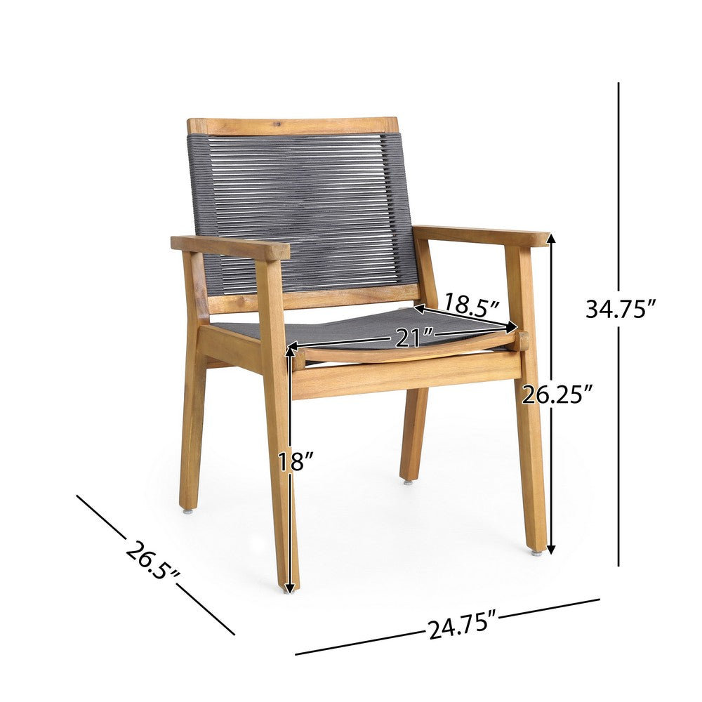 Outdoor Dining Chair Set of 2, 35 Inch Gray Woven, Brown Acacia Wood - BM323828