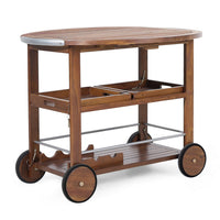 Rolling Bar Cart, 36 Inch Rectangular, 3 Tier, Oak Brown Wood, Silver - BM323831