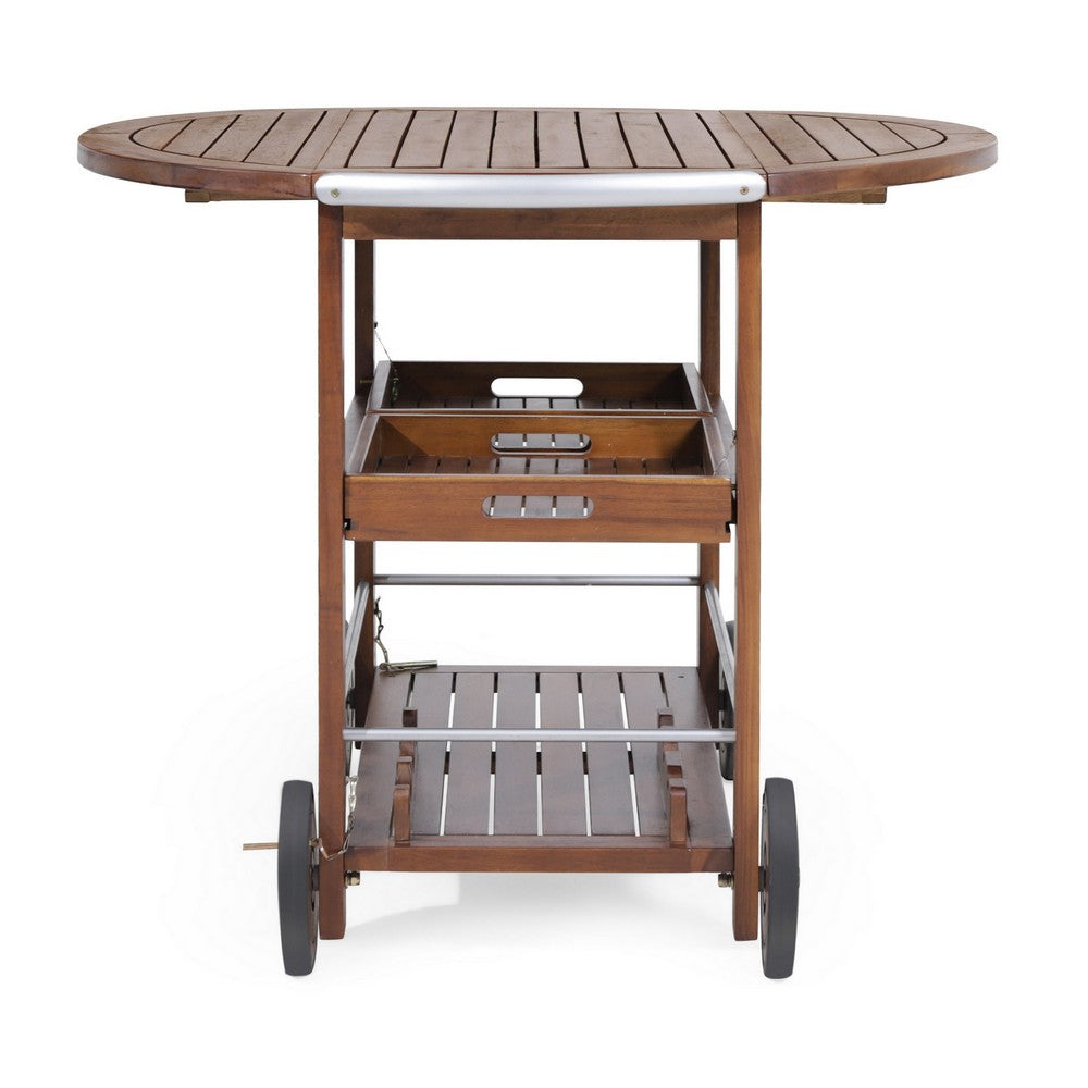 Rolling Bar Cart, 36 Inch Rectangular, 3 Tier, Oak Brown Wood, Silver - BM323831