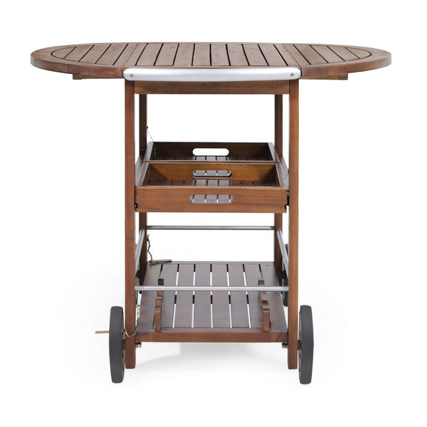 Rolling Bar Cart, 36 Inch Rectangular, 3 Tier, Oak Brown Wood, Silver - BM323831