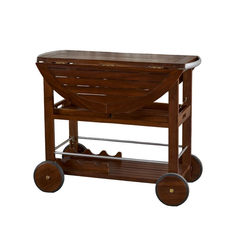 Rolling Bar Cart, 36 Inch Rectangular, 3 Tier, Oak Brown Wood, Silver - BM323831