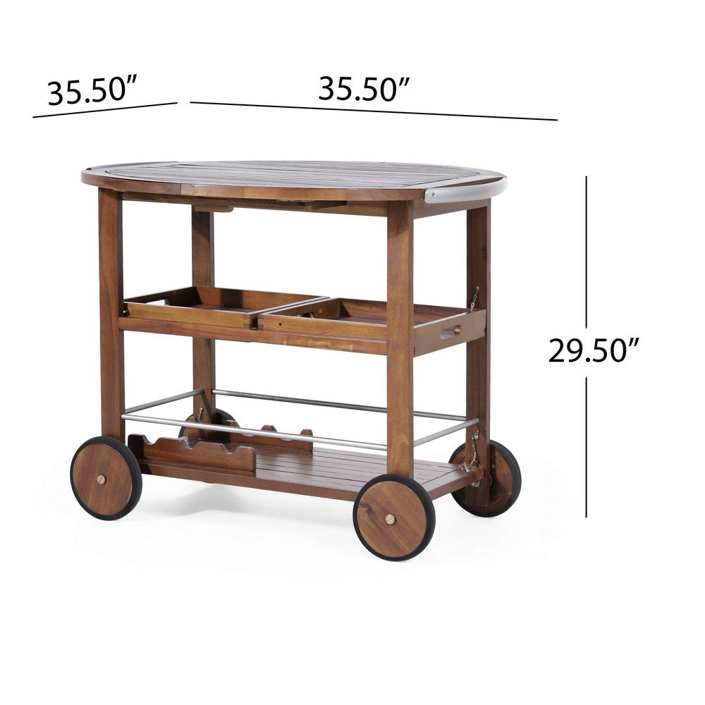 Rolling Bar Cart, 36 Inch Rectangular, 3 Tier, Oak Brown Wood, Silver - BM323831