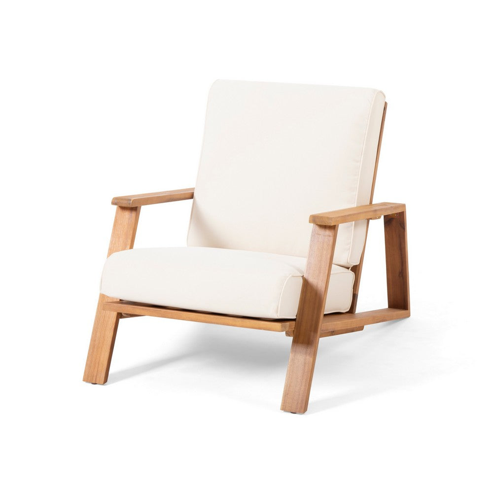 Outdoor Accent Chair, Beige Fabric Cushions, 39 Inch Brown Acacia Wood - BM323835