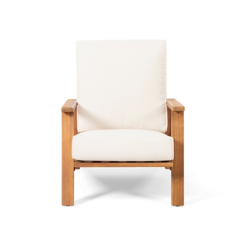 Outdoor Accent Chair, Beige Fabric Cushions, 39 Inch Brown Acacia Wood - BM323835