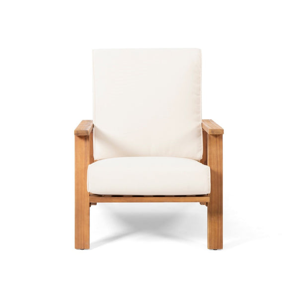 Outdoor Accent Chair, Beige Fabric Cushions, 39 Inch Brown Acacia Wood - BM323835
