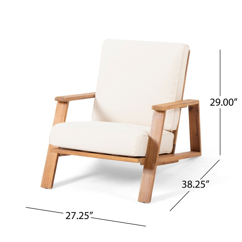 Outdoor Accent Chair, Beige Fabric Cushions, 39 Inch Brown Acacia Wood - BM323835