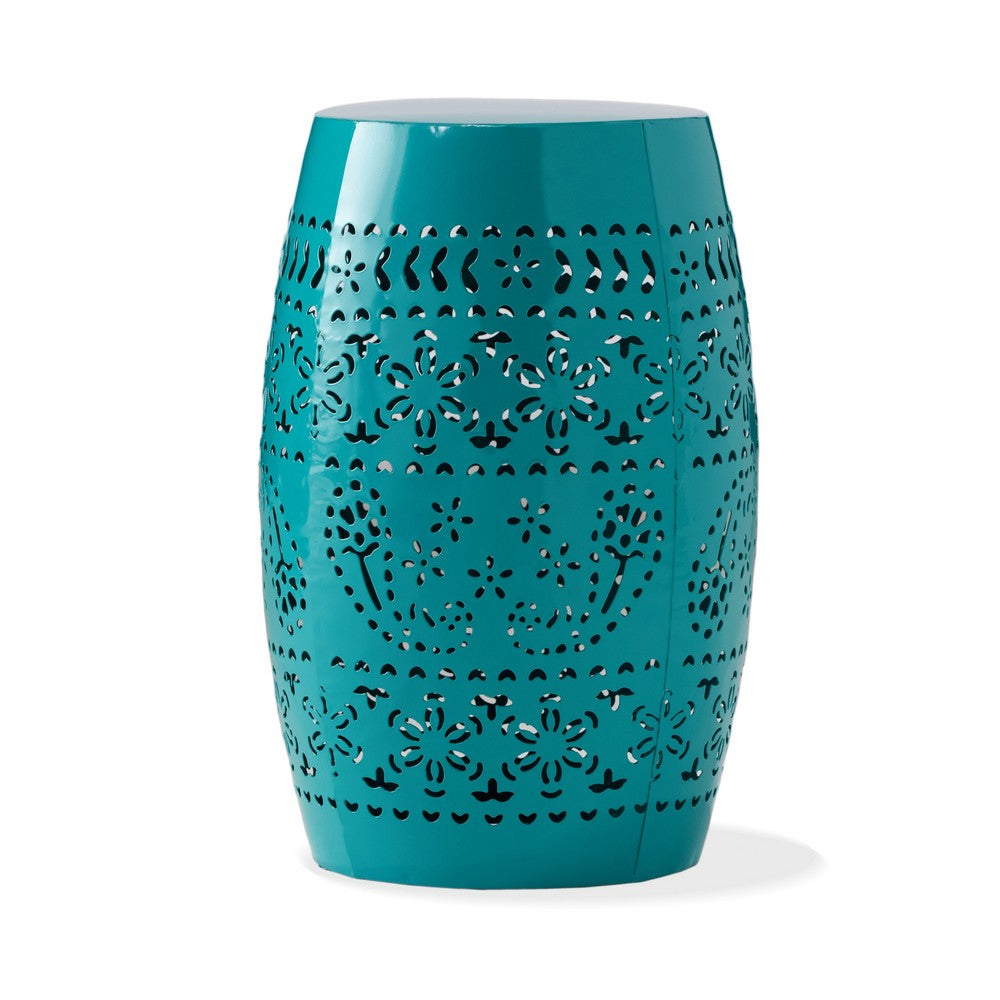 Outdoor Garden Stool Side Table, Lace-Cut 12 Inch Top, Teal Iron - BM323847