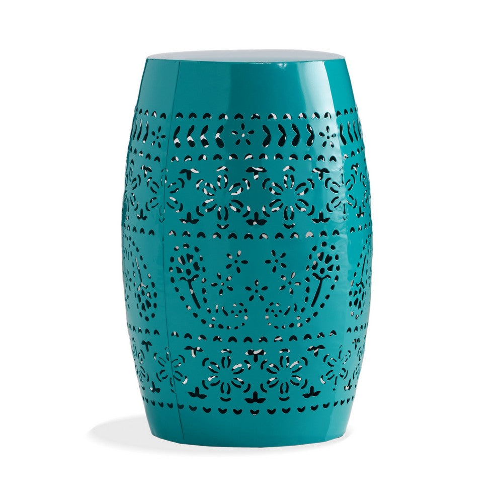 Outdoor Garden Stool Side Table, Lace-Cut 12 Inch Top, Teal Iron - BM323847
