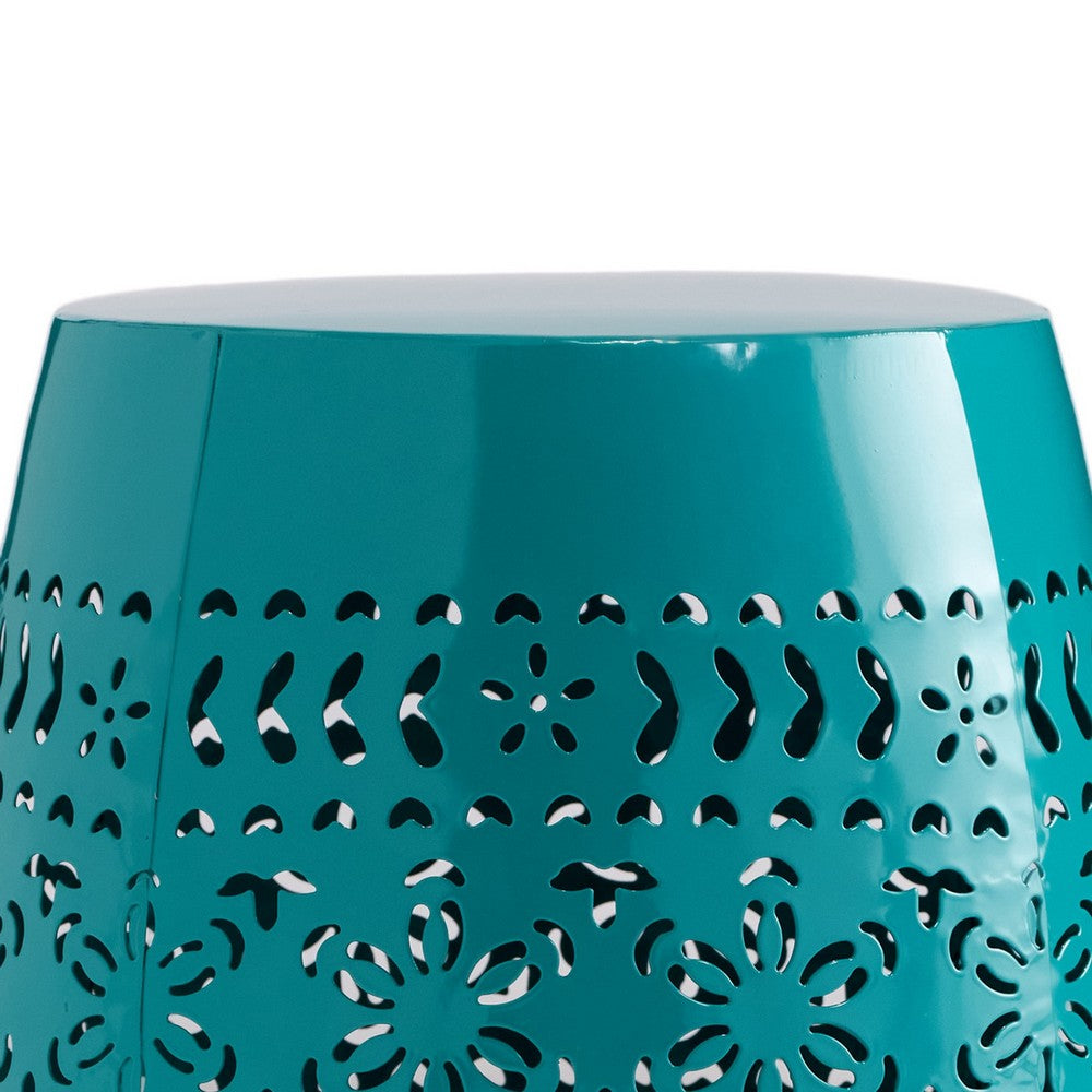 Outdoor Garden Stool Side Table, Lace-Cut 12 Inch Top, Teal Iron - BM323847