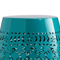 Outdoor Garden Stool Side Table, Lace-Cut 12 Inch Top, Teal Iron - BM323847