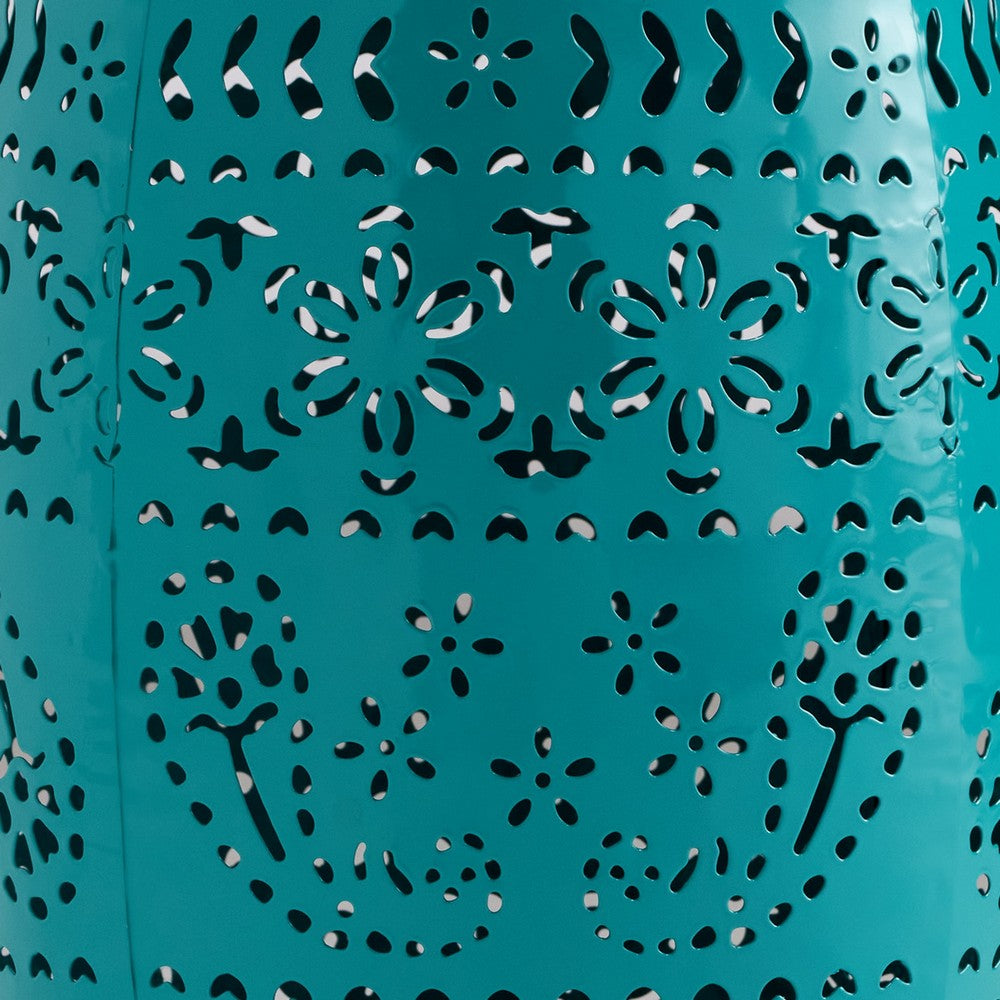 Outdoor Garden Stool Side Table, Lace-Cut 12 Inch Top, Teal Iron - BM323847