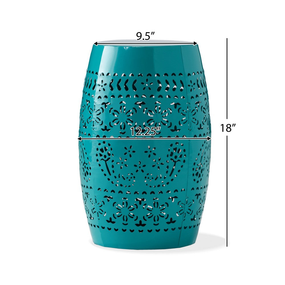 Outdoor Garden Stool Side Table, Lace-Cut 12 Inch Top, Teal Iron - BM323847