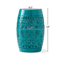 Outdoor Garden Stool Side Table, Lace-Cut 12 Inch Top, Teal Iron - BM323847
