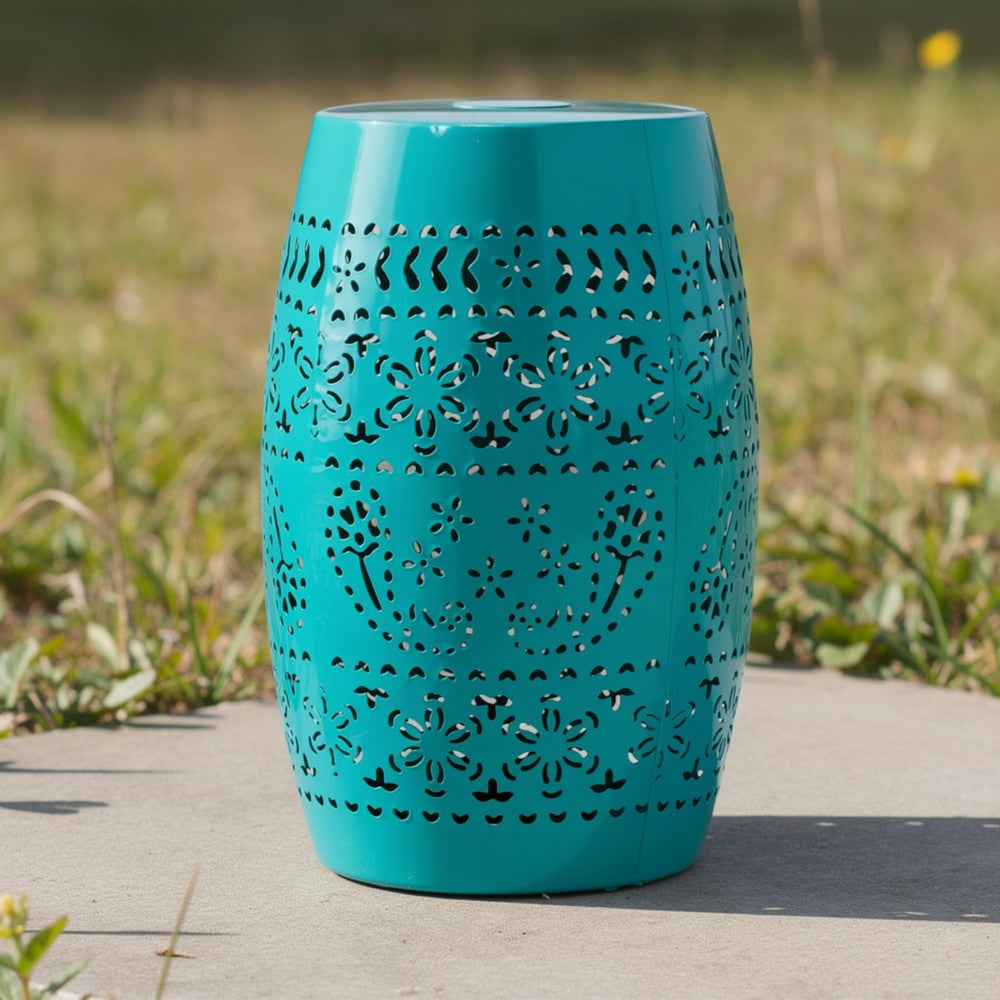 Outdoor Garden Stool Side Table, Lace-Cut 12 Inch Top, Teal Iron - BM323847