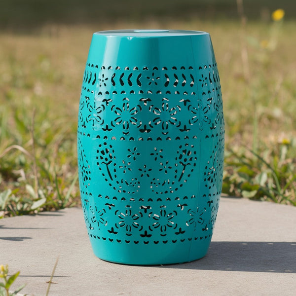 Outdoor Garden Stool Side Table, Lace-Cut 12 Inch Top, Teal Iron - BM323847