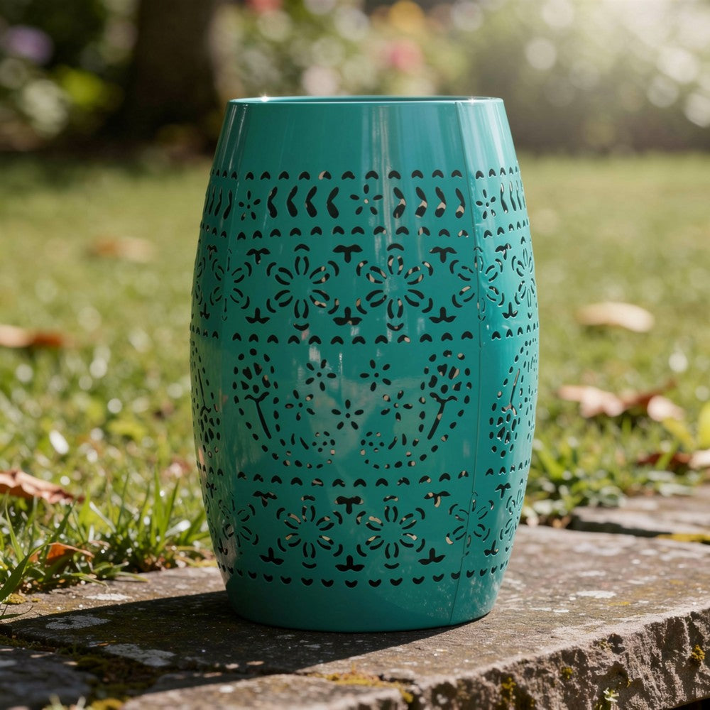 Outdoor Garden Stool Side Table, Lace-Cut 12 Inch Top, Teal Iron - BM323847