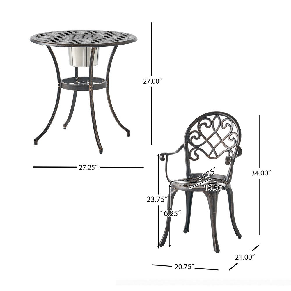 Outdoor Bistro Table Set with 2 Chairs and an Ice Bucket, Coppertone - BM323848