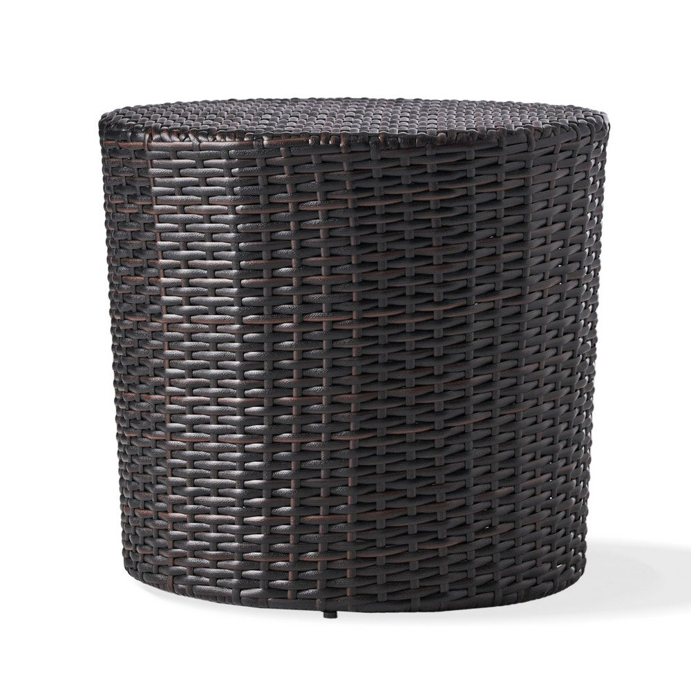 Olum Outdoor End Table, Barrel Shaped Wicker, 18 Inch Brown PE Rattan - BM323851