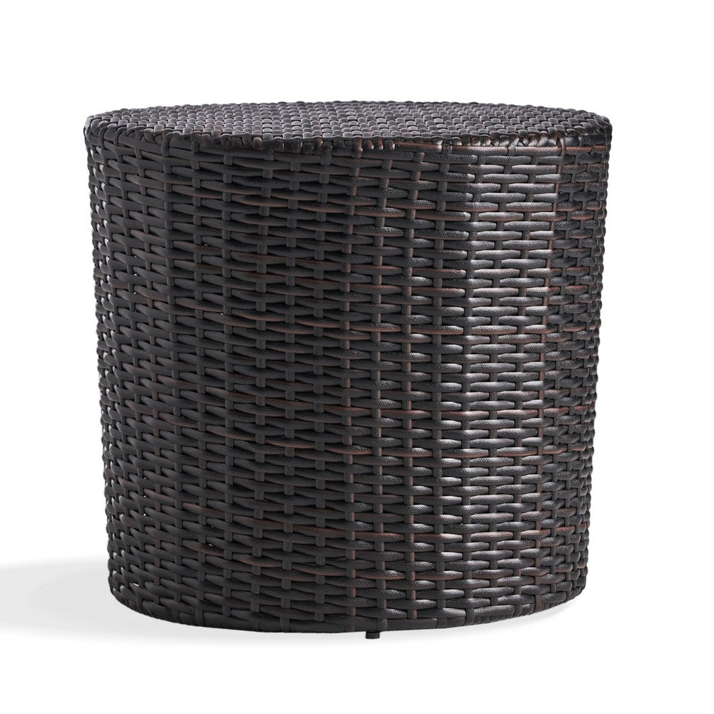 Olum Outdoor End Table, Barrel Shaped Wicker, 18 Inch Brown PE Rattan - BM323851