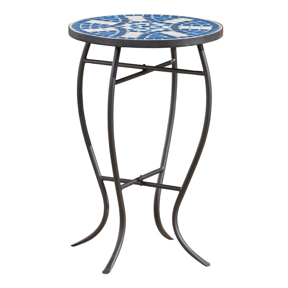 Outdoor Side End Table, 14 Inch Round Blue, White Mosaic Ceramic Top - BM323855