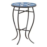 Outdoor Side End Table, 14 Inch Round Blue, White Mosaic Ceramic Top - BM323855