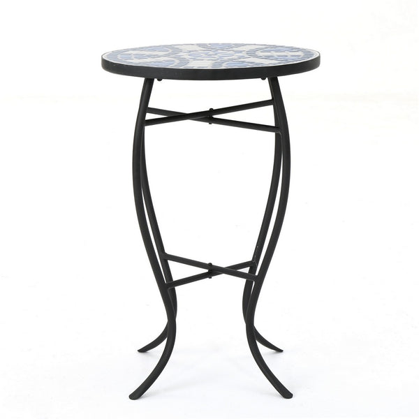 Outdoor Side End Table, 14 Inch Round Blue, White Mosaic Ceramic Top - BM323855