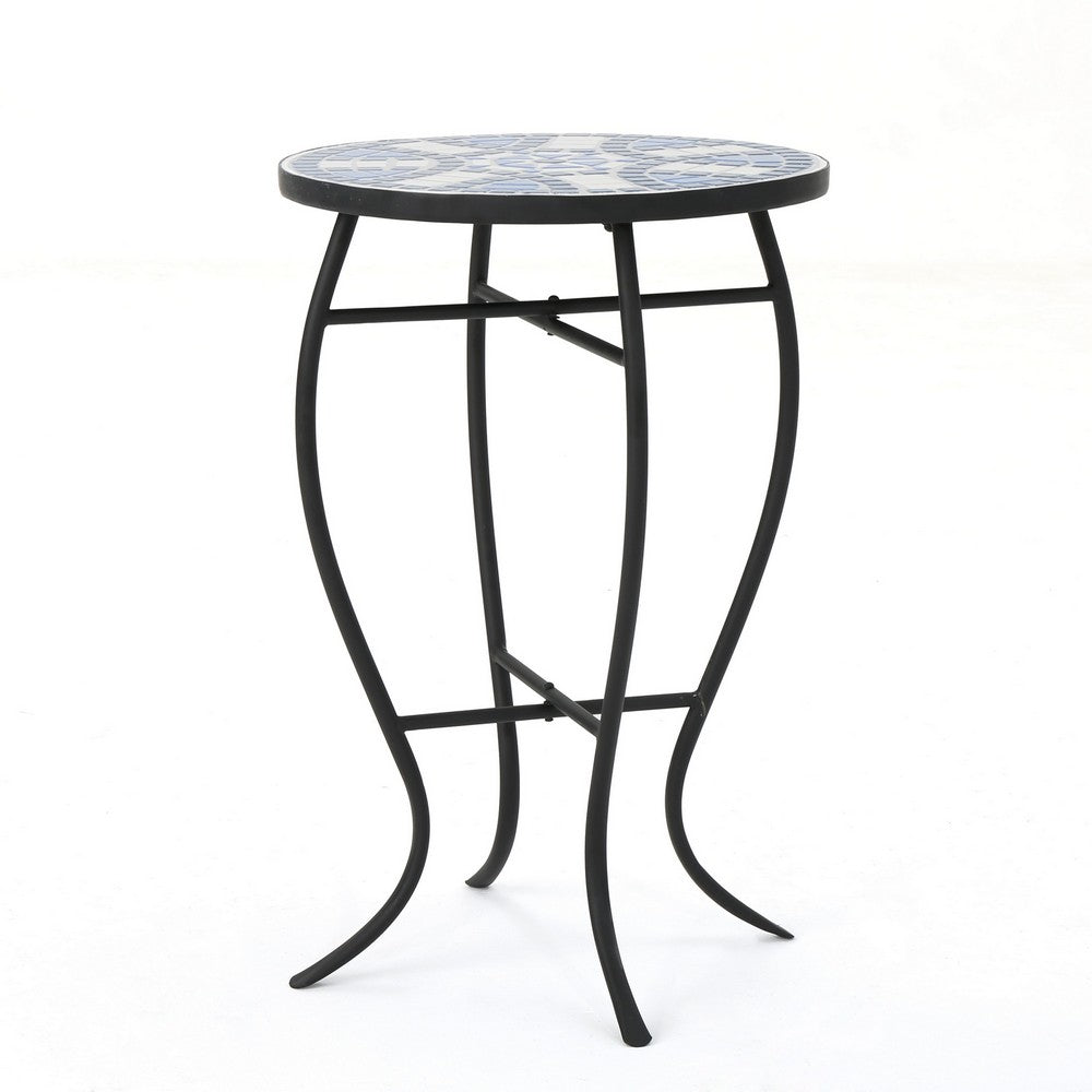 Outdoor Side End Table, 14 Inch Round Blue, White Mosaic Ceramic Top - BM323855
