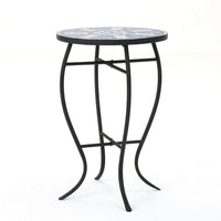 Outdoor Side End Table, 14 Inch Round Blue, White Mosaic Ceramic Top - BM323855