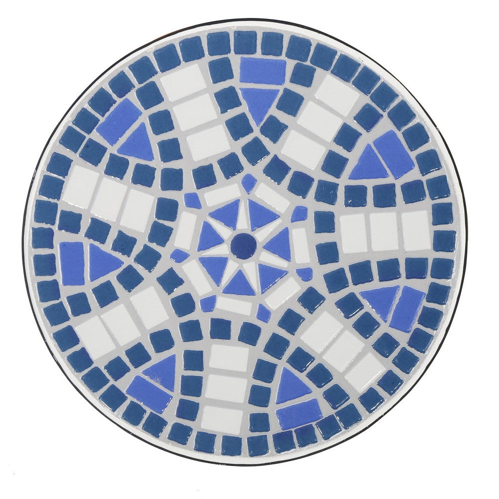 Outdoor Side End Table, 14 Inch Round Blue, White Mosaic Ceramic Top - BM323855