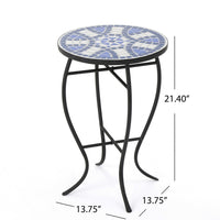 Outdoor Side End Table, 14 Inch Round Blue, White Mosaic Ceramic Top - BM323855