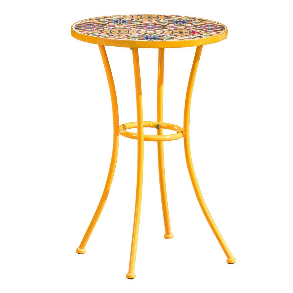 Outdoor Side End Table, 14 Inch Round Yellow Ceramic Tile, Orange Iron - BM323858