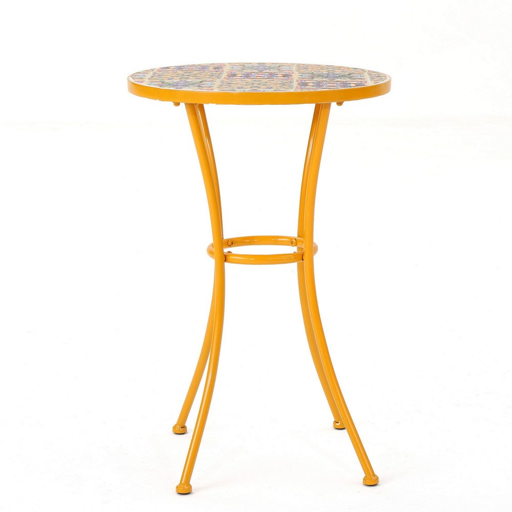 Outdoor Side End Table, 14 Inch Round Yellow Ceramic Tile, Orange Iron - BM323858