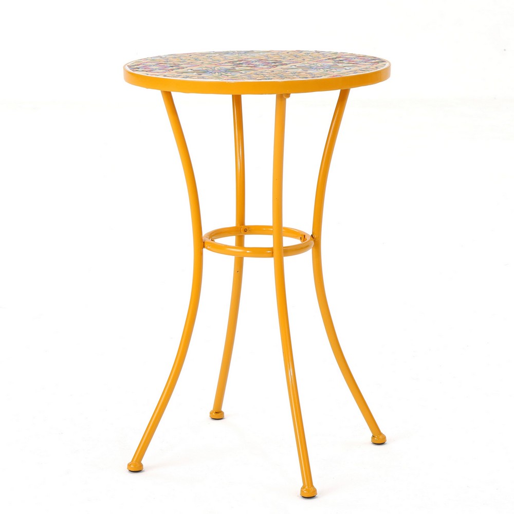 Outdoor Side End Table, 14 Inch Round Yellow Ceramic Tile, Orange Iron - BM323858