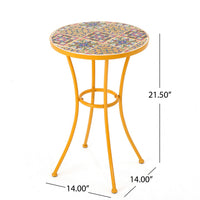 Outdoor Side End Table, 14 Inch Round Yellow Ceramic Tile, Orange Iron - BM323858