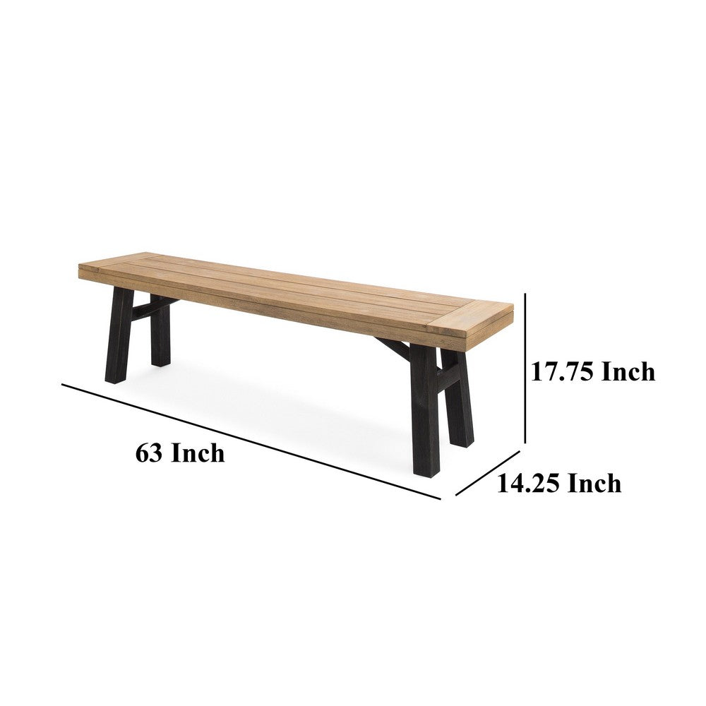 Wren Outdoor Bench with Slatted Top, 63 Inch Brown Acacia Wood, Black - BM323859
