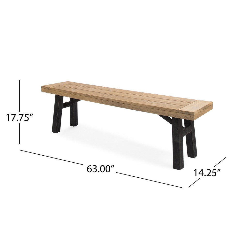 Wren Outdoor Bench with Slatted Top, 63 Inch Brown Acacia Wood, Black - BM323859