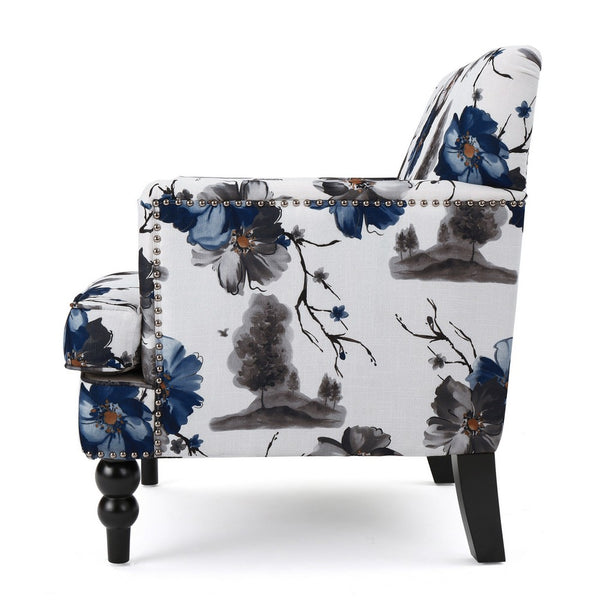 Lit Accent Chair, Button Tufted Floral White Blue Print, Multicolor - BM323877
