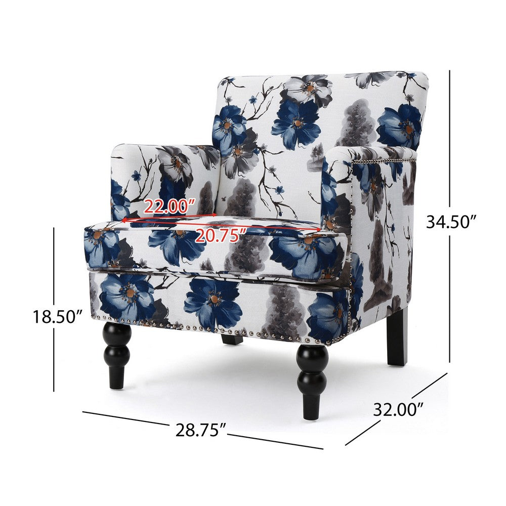 Lit Accent Chair, Button Tufted Floral White Blue Print, Multicolor - BM323877