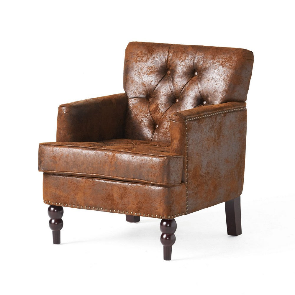 Lit Accent Chair with Classic Brown Button Tufted Microfiber Design - BM323878
