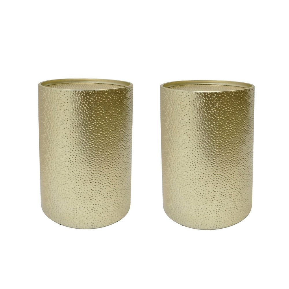 Bet Side End Table Set of 2, 16 Inch Round Tray, Modern Hammered Gold - BM323880