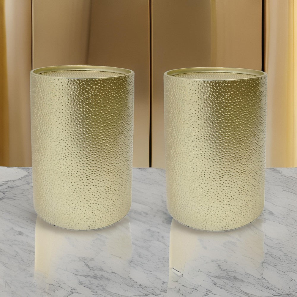 Bet Side End Table Set of 2, 16 Inch Round Tray, Modern Hammered Gold - BM323880
