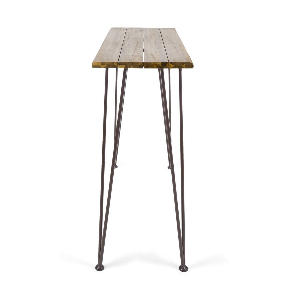 Rih Outdoor Bar Height Table, 47 Inch, Hairpin Legs, Brown Acacia Wood - BM323883