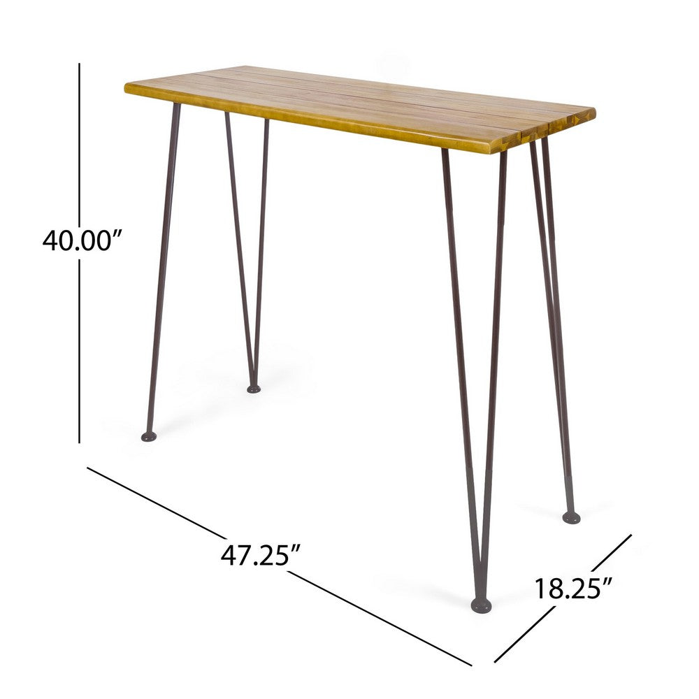 Rih Outdoor Bar Height Table, 47 Inch, Hairpin Legs, Brown Acacia Wood - BM323883