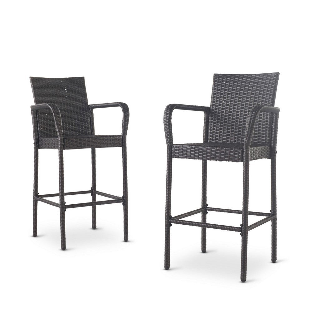 Outdoor Barstool Chair Set of 2, Gray PE Rattan Woven, Iron Frame - BM323886