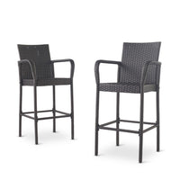Outdoor Barstool Chair Set of 2, Gray PE Rattan Woven, Iron Frame - BM323886
