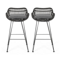 Outdoor Barstool Chair Set of 2, Low Back Woven Design, Gray and Black - BM323887