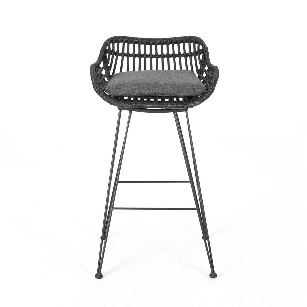 Outdoor Barstool Chair Set of 2, Low Back Woven Design, Gray and Black - BM323887