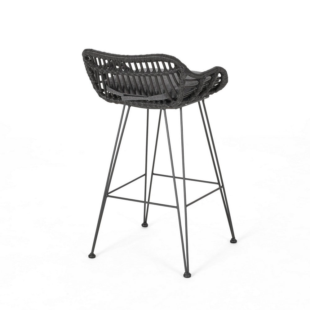 Outdoor Barstool Chair Set of 2, Low Back Woven Design, Gray and Black - BM323887