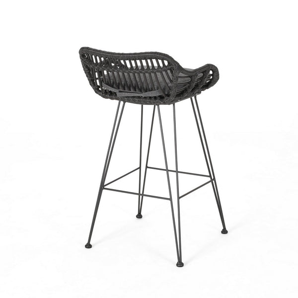 Outdoor Barstool Chair Set of 2, Low Back Woven Design, Gray and Black - BM323887